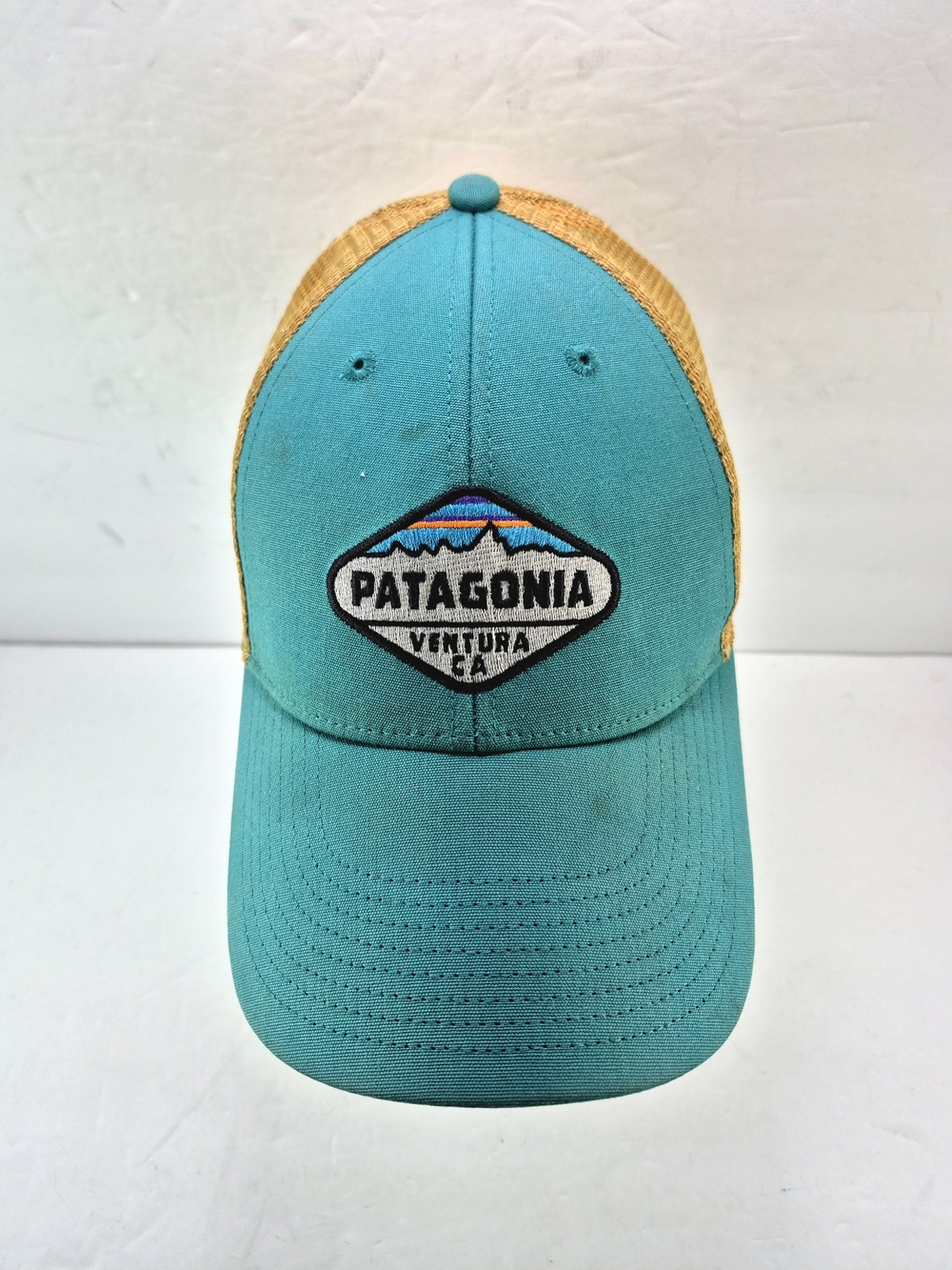 Patagonia Fitz Roy Crest LoPro Trucker Hat Teal Blue & Gold Mesh Snapback Retro